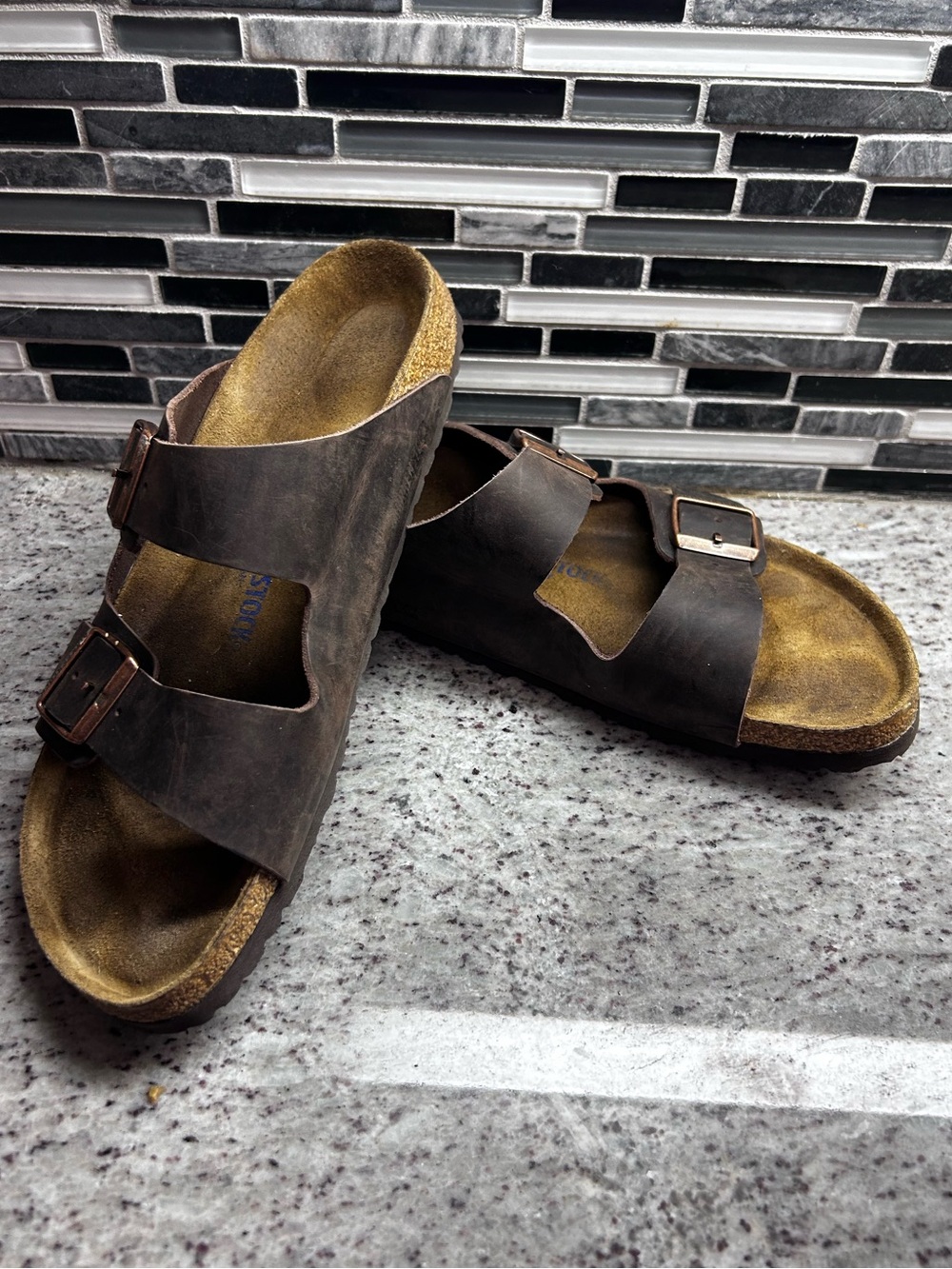 Men's Birkenstock Double-Buckle Casual Slide Sandals-Dark Brown size 13 narrow
